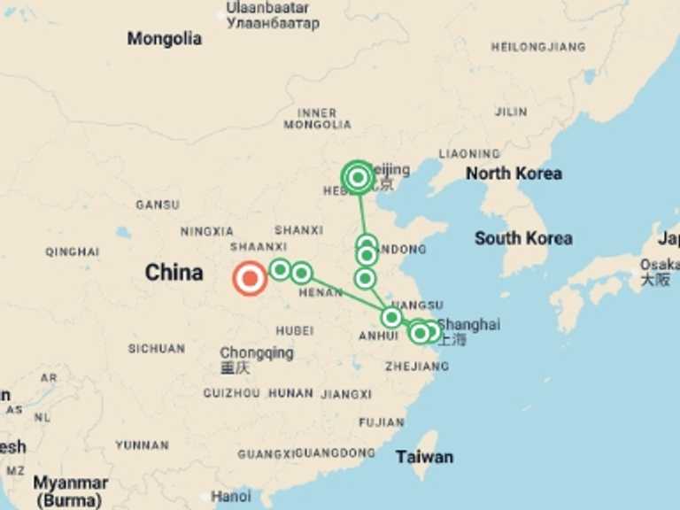 Map itinerary of Asia Tour in September 2026 with 7 destination visits for the trip: Traditional China