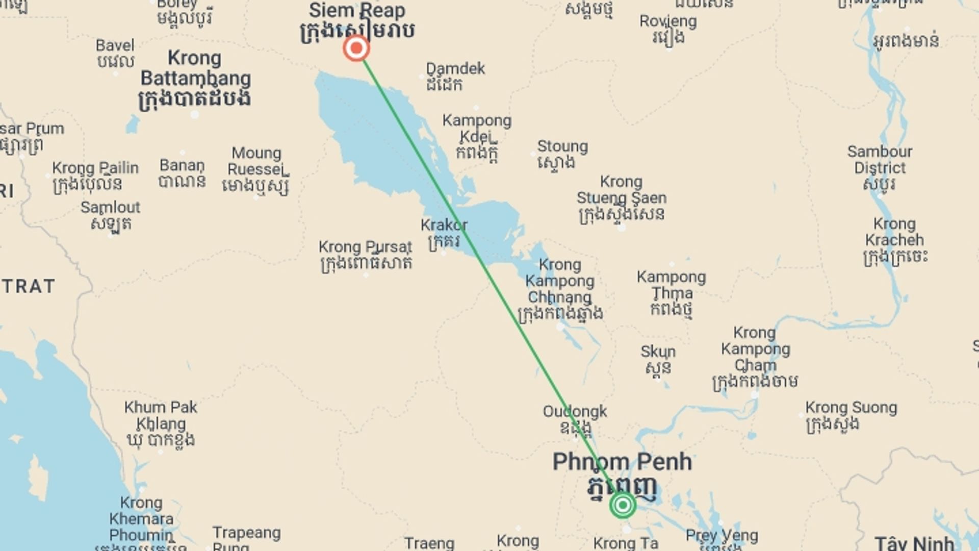 A map showing the tour itinerary for the trip: Cambodia Highlights Small Group Tour, starting in Phnom Penh, Cambodia and ending in Siem Reap, Cambodia going through 0 other destinations.