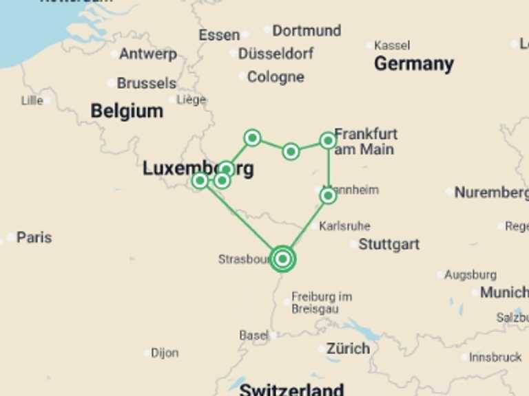 Map itinerary of France Tour in Summer with 9 destination visits for the trip: 5 Different Rivers: The Rhine, Neckar, Main, Moselle, and Saar