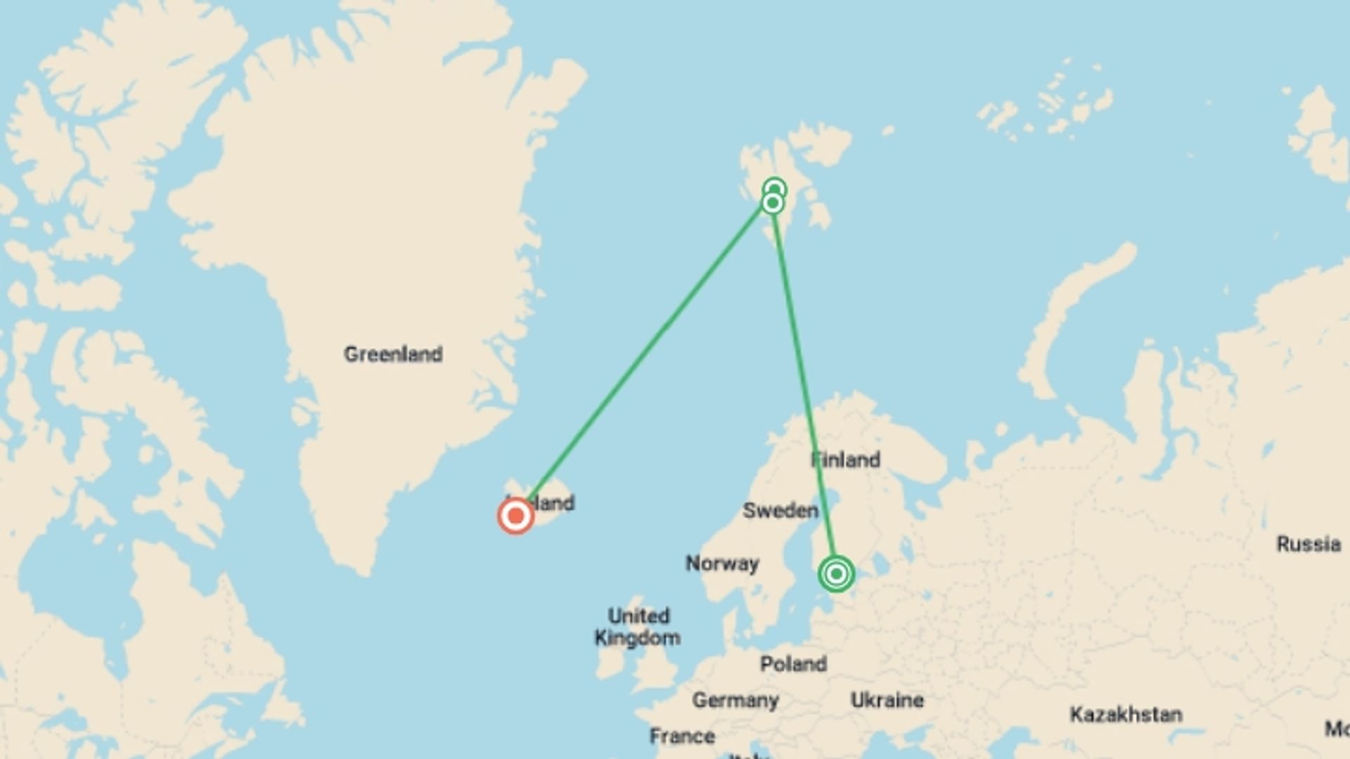 A map showing the tour itinerary for the trip: Three Arctic Islands: Iceland, Greenland, Spitsbergen, starting in Helsinki, Finland and ending in Reykjavik, Iceland going through 5 other destinations.