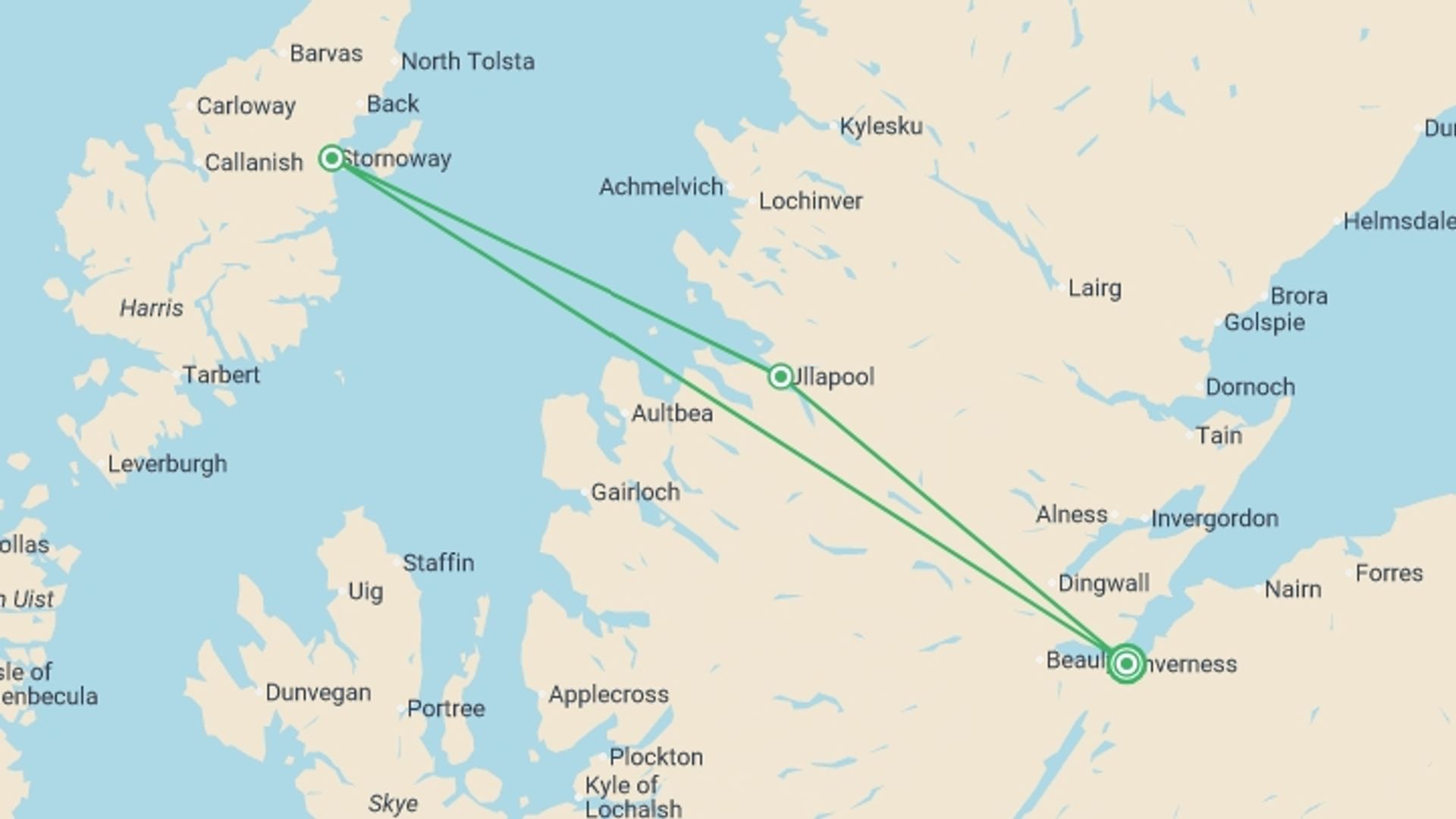 A map showing the tour itinerary for the trip: Escape to the Hebrides Express - 3 days, starting in Inverness, Scotland and ending in Inverness, Scotland going through 1 other destinations.