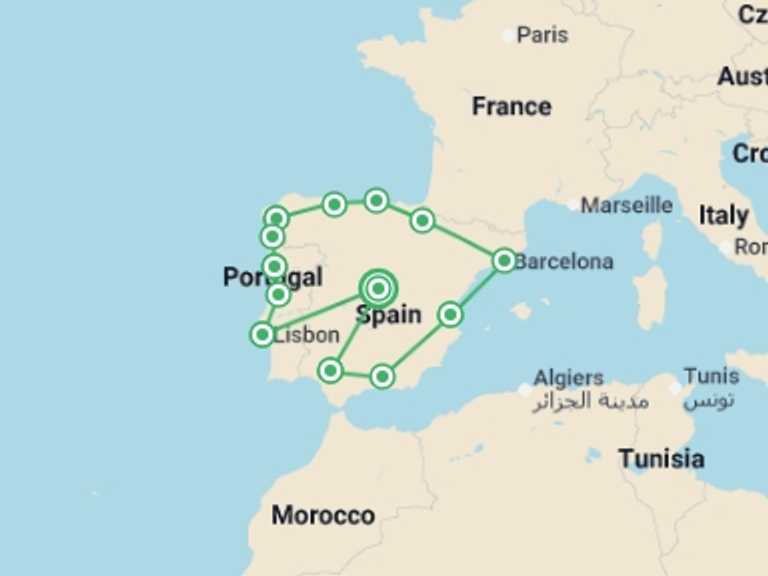 Map itinerary of Europe Tour in May 2026 with 13 destination visits for the trip: Highlights of Iberia - 18 days