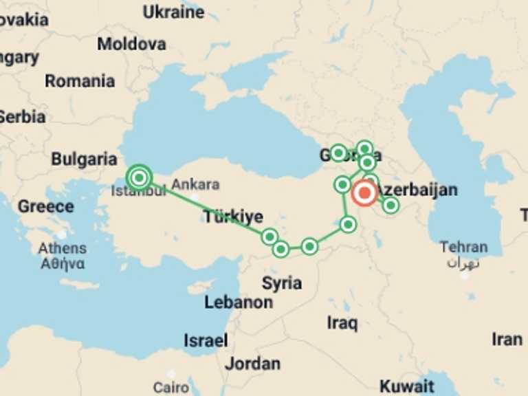 Map itinerary of Istanbul Tour in September 2027 with 12 destination visits for the trip: Eastern Turkey, Georgia, & Armenia