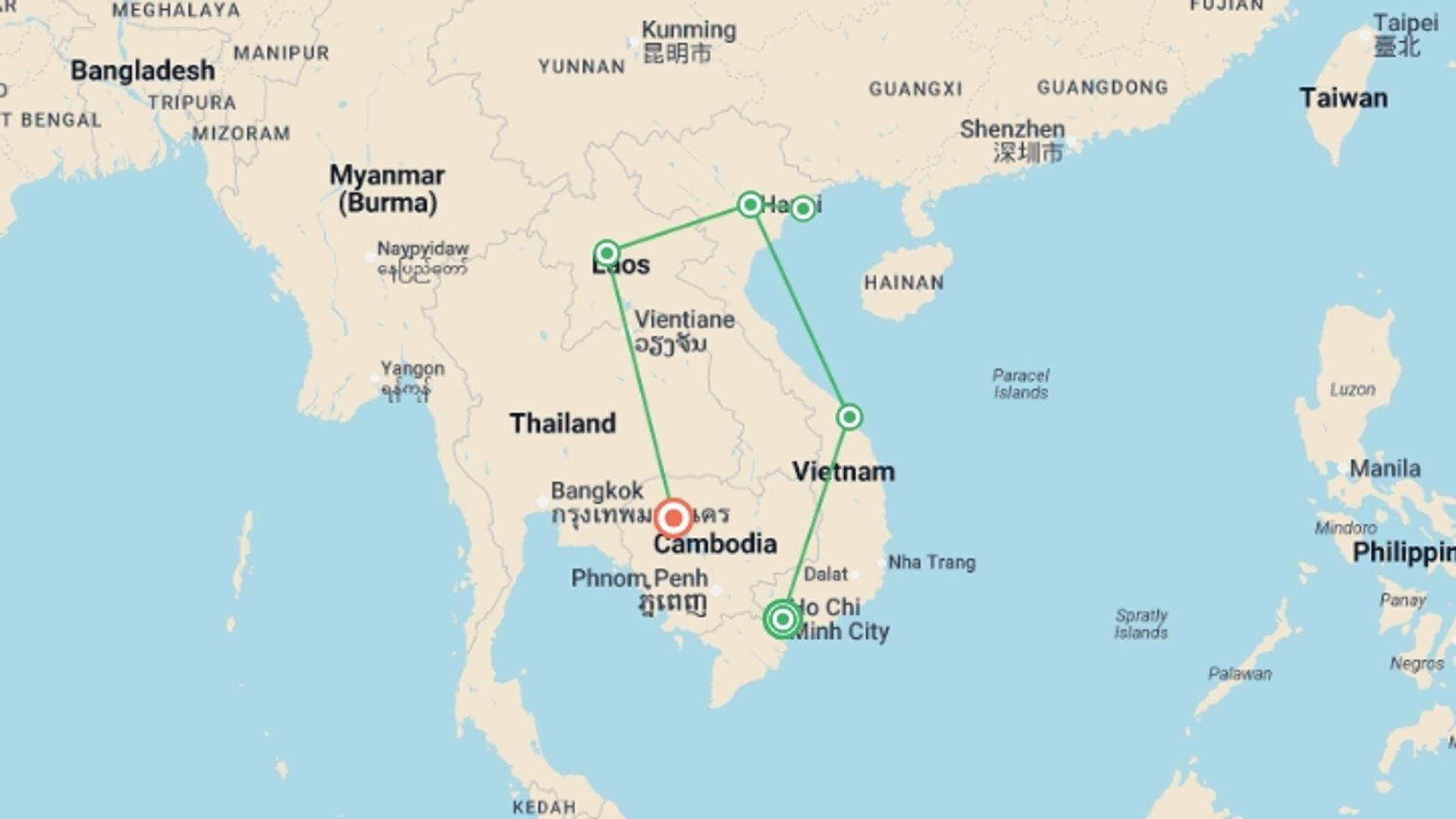 A map showing the tour itinerary for the trip: Indochina Express From Saigon - 14 days, starting in Ho Chi Minh City, Vietnam and ending in Siem Reap, Cambodia going through 4 other destinations.