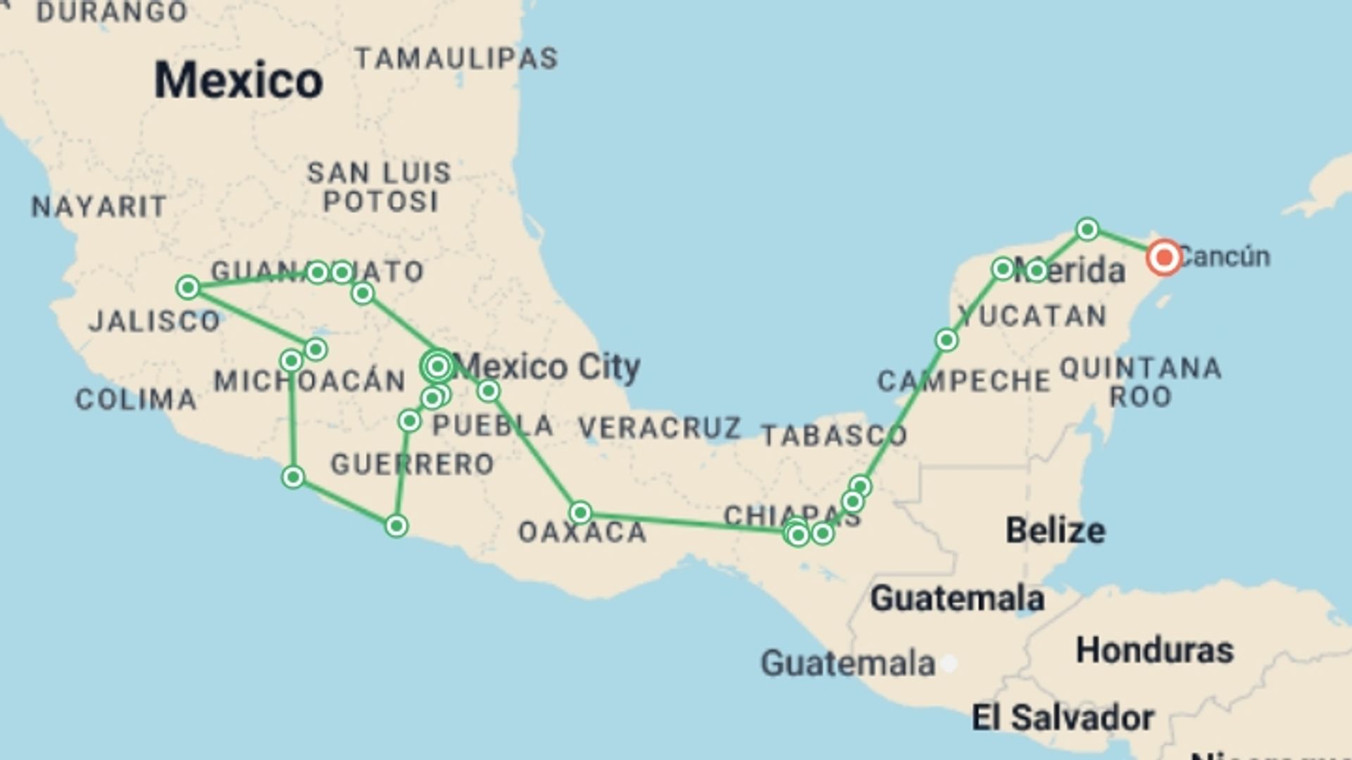 A map showing the tour itinerary for the trip: Mexico: From the Pacific to the Caribbean, starting in Mexico City, Mexico and ending in Cancún, Mexico going through 9 other destinations.