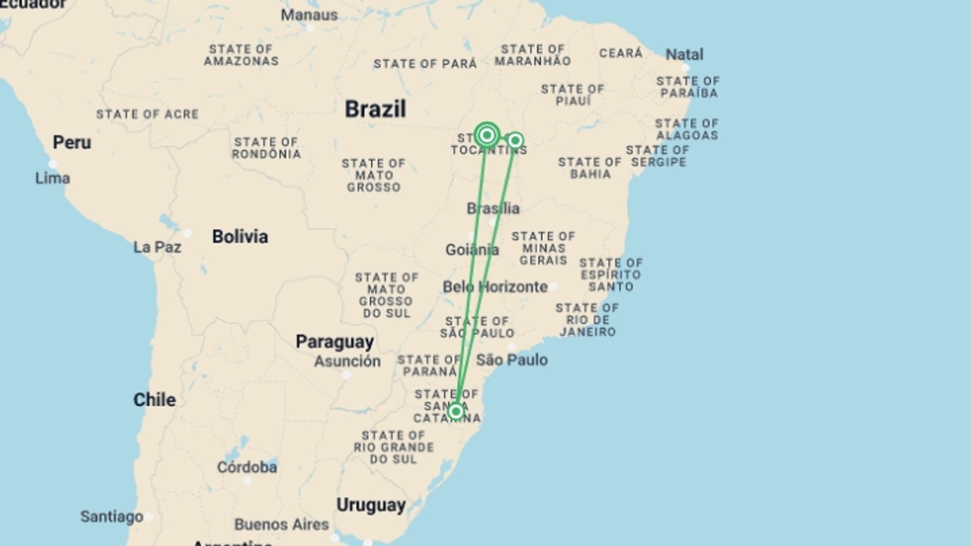 A map showing the tour itinerary for the trip: Jalapão Experience, starting in Tocantins, Brazil and ending in Palmas, Brazil going through 3 other destinations.