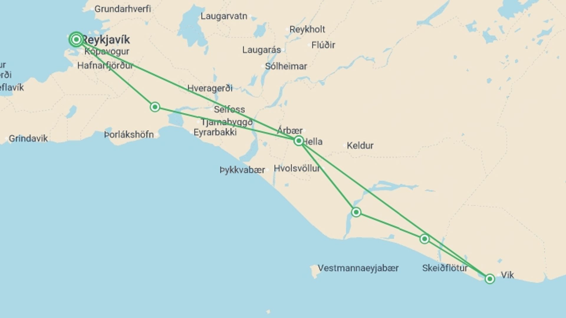 A map showing the tour itinerary for the trip: Summer Iceland & Solar Eclipse - 6 days, starting in Reykjavik, Iceland and ending in Reykjavik, Iceland going through 1 other destinations.
