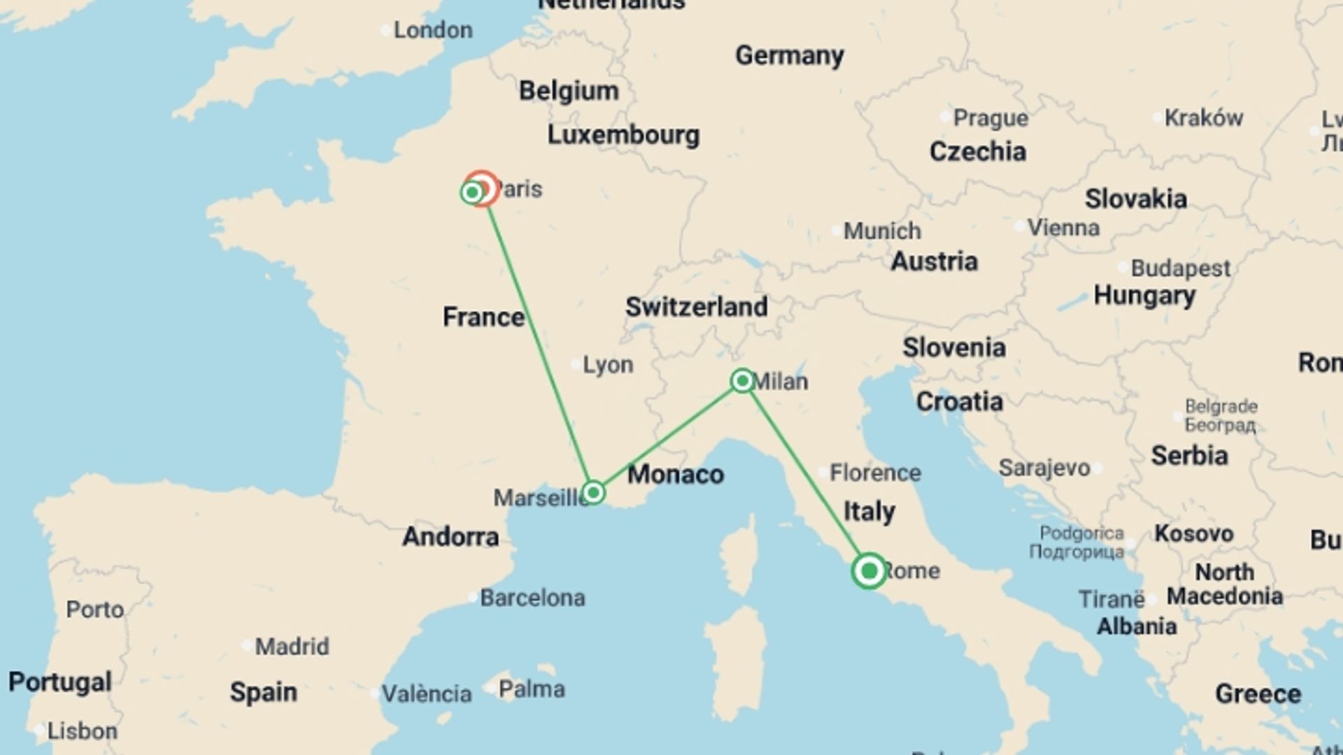 A map showing the tour itinerary for the trip: European Elegance: Milan, French Riviera & Paris, starting in Rome, Italy and ending in Paris, France going through 2 other destinations.