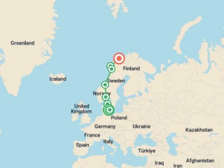 Map of a Cultural, religious and historic sites Tour with 6 destination visits for the trip: Copenhagen to Northern Norway