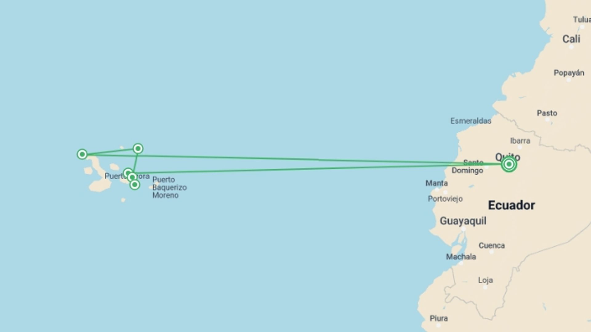A map showing the tour itinerary for the trip: Quito And Legend Galapagos Cruise, starting in Quito, Ecuador and ending in Quito, Ecuador going through 4 other destinations.