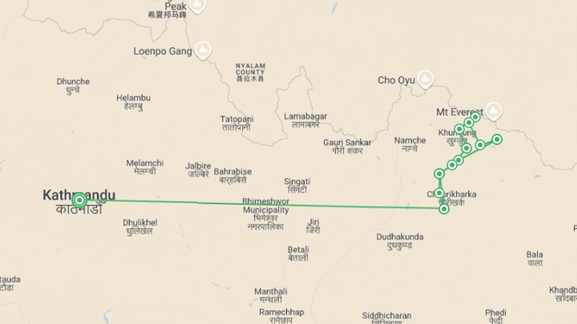 A map showing the tour itinerary for the trip: Everest Base Camp Trek & Island Peak Climb, starting in Kathmandu, Nepal and ending in Kathmandu, Nepal going through 12 other destinations.