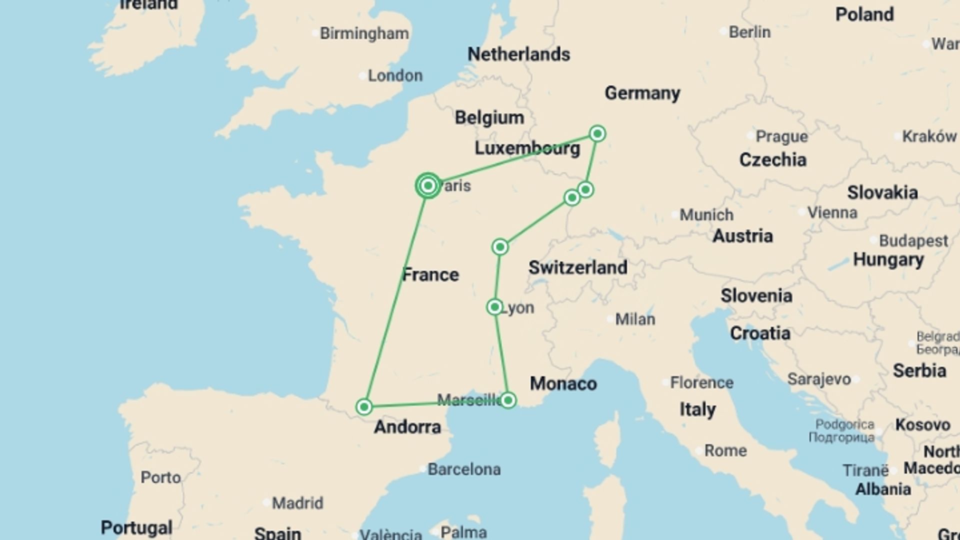 A map showing the tour itinerary for the trip: Dreaming of France and the Black Forest, starting in Paris, France and ending in Paris, France going through 7 other destinations.