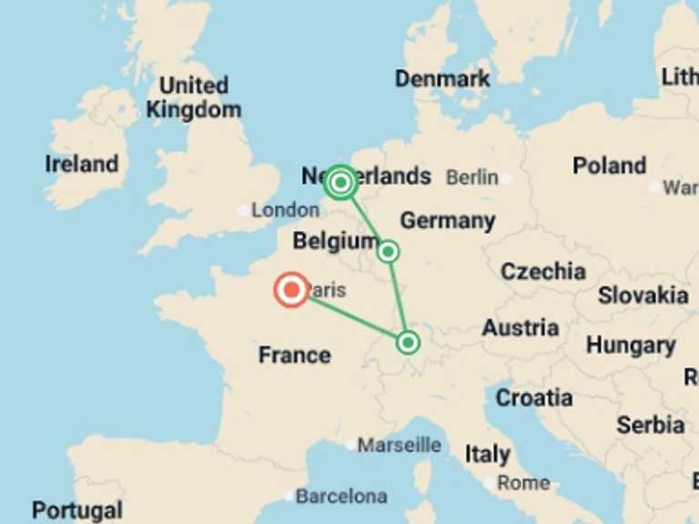 Map of Europe Cultural, religious and historic sites Tour with 5 destination visits for the trip: Glimpse of Europe