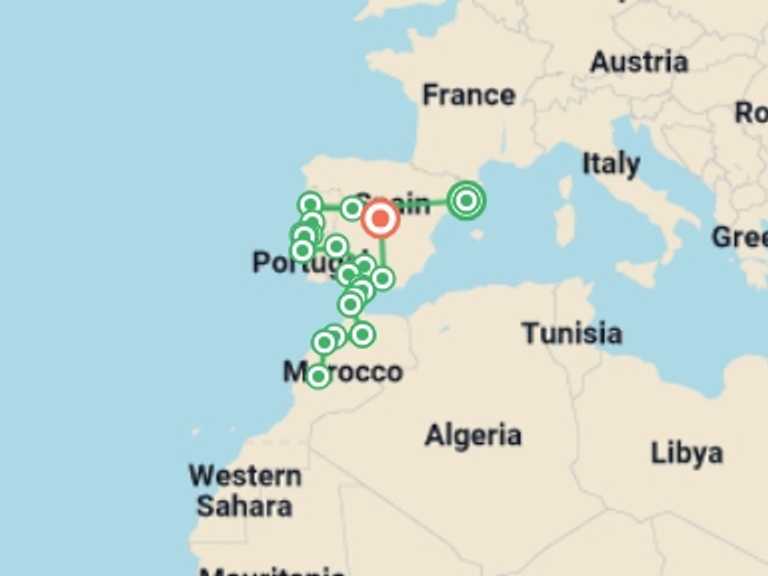 Map itinerary of Spain Tour in November 2026 with 12 destination visits for the trip: Spain, Portugal and Morocco Panorama - 22 days