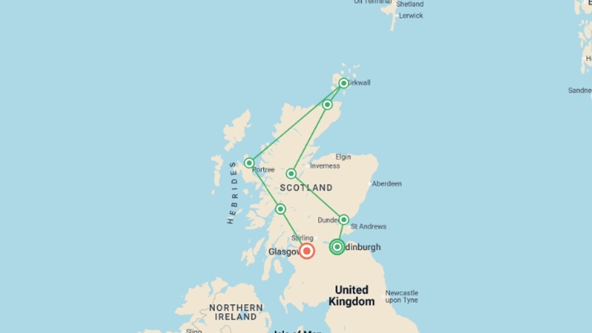 A map showing the tour itinerary for the trip: Scotlands Highlands Islands and Cities, starting in Edinburgh, Scotland and ending in Glasgow, Scotland going through 6 other destinations.