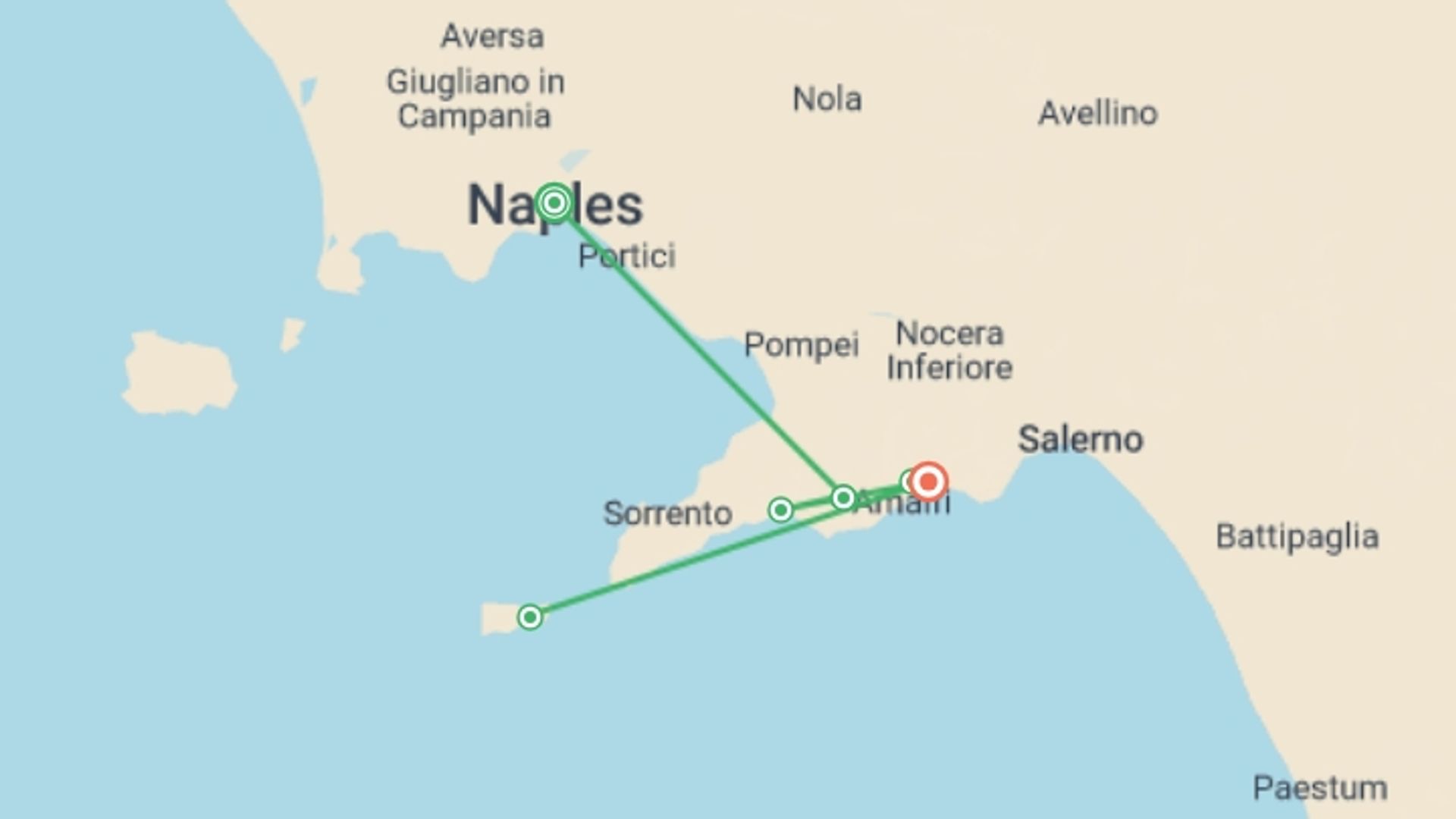 A map showing the tour itinerary for the trip: Amalfi Coast: Hike & Kayak, starting in Naples, Italy and ending in Minori, Italy going through 2 other destinations.