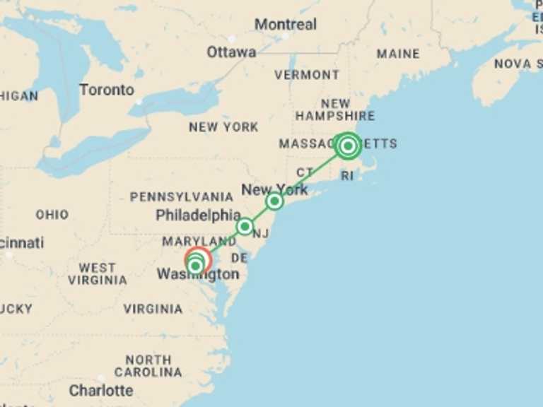 Map itinerary of Washington D.C. Tour in September 2026 with 4 destination visits for the trip: America's 250th