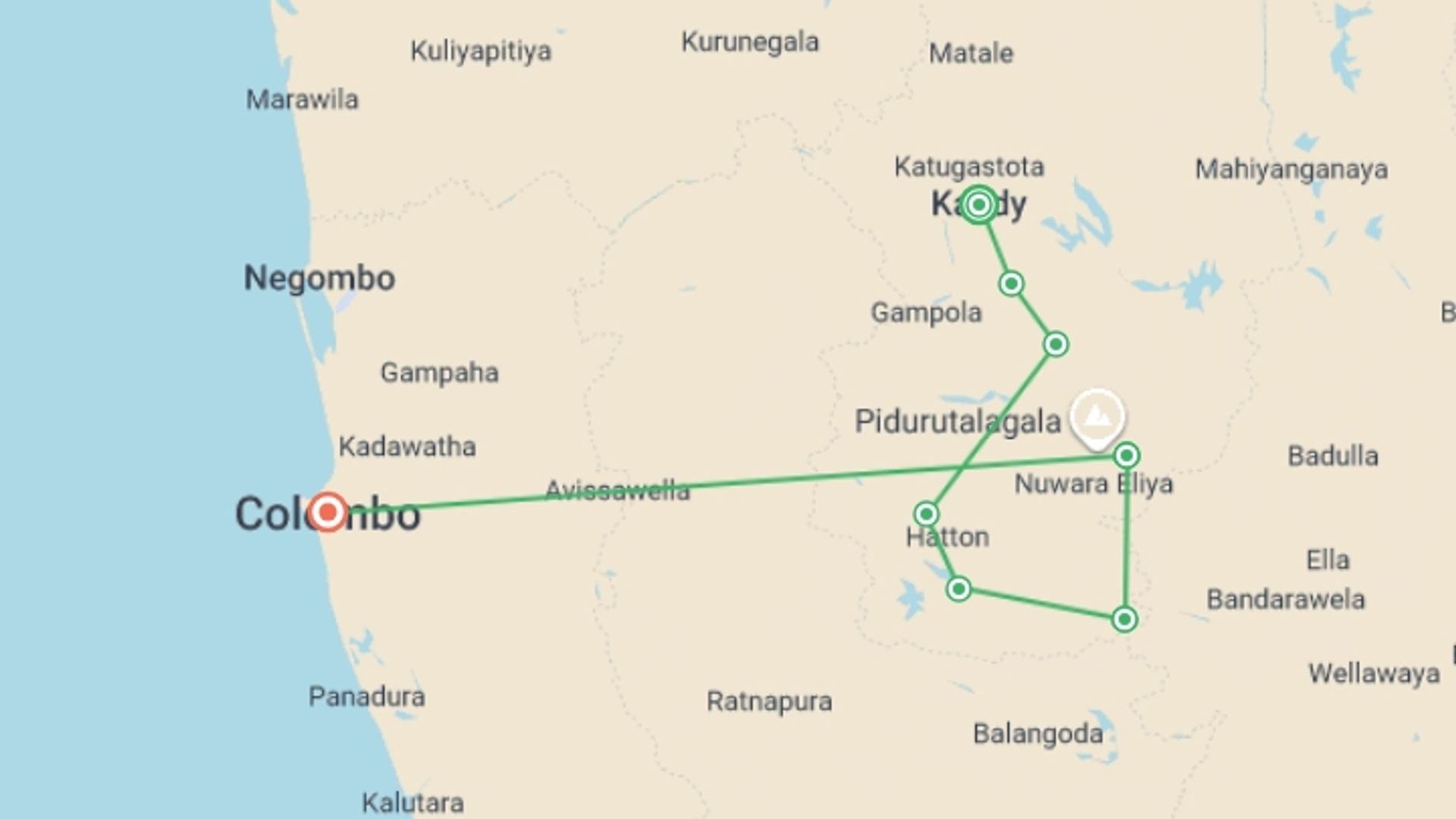 A map showing the tour itinerary for the trip: Hike Sri Lanka’s Pekoe Trail, starting in Kandy, Sri Lanka and ending in Colombo, Sri Lanka going through 6 other destinations.
