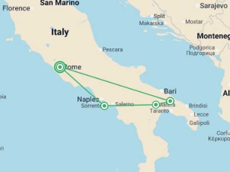 Map of 9-Day Rome Tour with 4 destination visits for the trip: Country Roads of Southern Italy