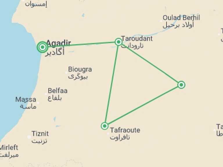 Map itinerary of Morocco Tour in Fall with 5 destination visits for the trip: Hike Morocco's Anti-Atlas Mountains