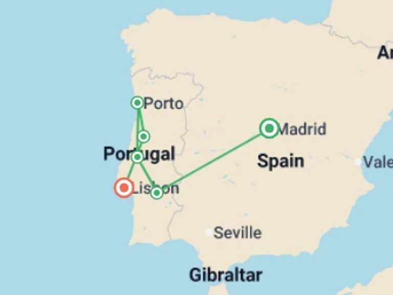 Map itinerary of Mediterranean Tour in Spring with 6 destination visits for the trip: Northern and Southern Portugal end Lisbon
