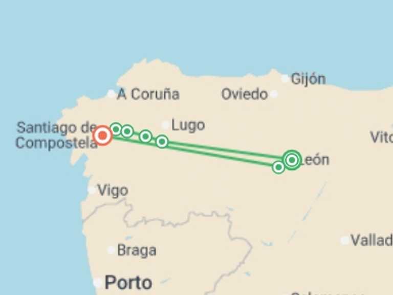 Map of Europe Tour with 7 destination visits for the trip: Camino - Leon to Santiago in 15 Days