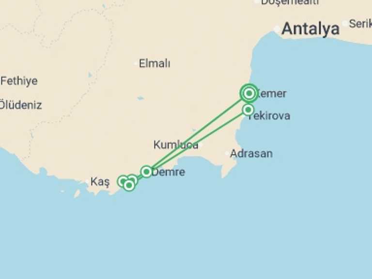 Map of Turkey Tour with 6 destination visits for the trip: Gulet Cruise, Kemer – Kekova – Kemer With Transfers