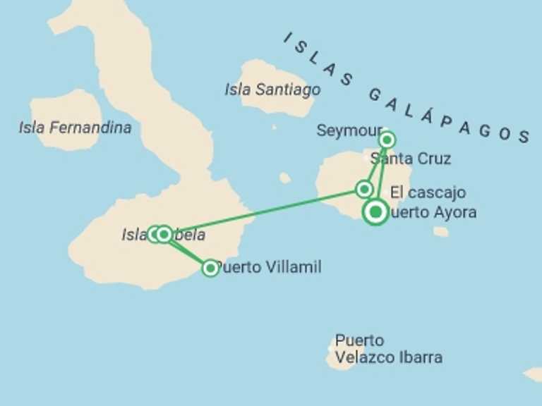 Map itinerary of South America Tour in January 2027 with 4 destination visits for the trip: 6-day Galápagos Escape: Volcano Trails & Wildlife Encounters