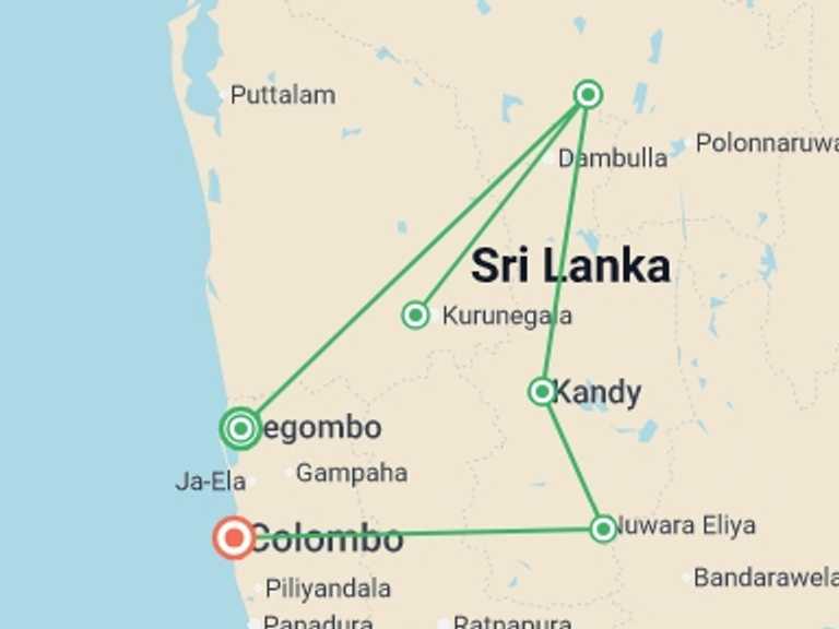 Map itinerary of Asia Tour in Summer with 6 destination visits for the trip: Premium Sri Lanka