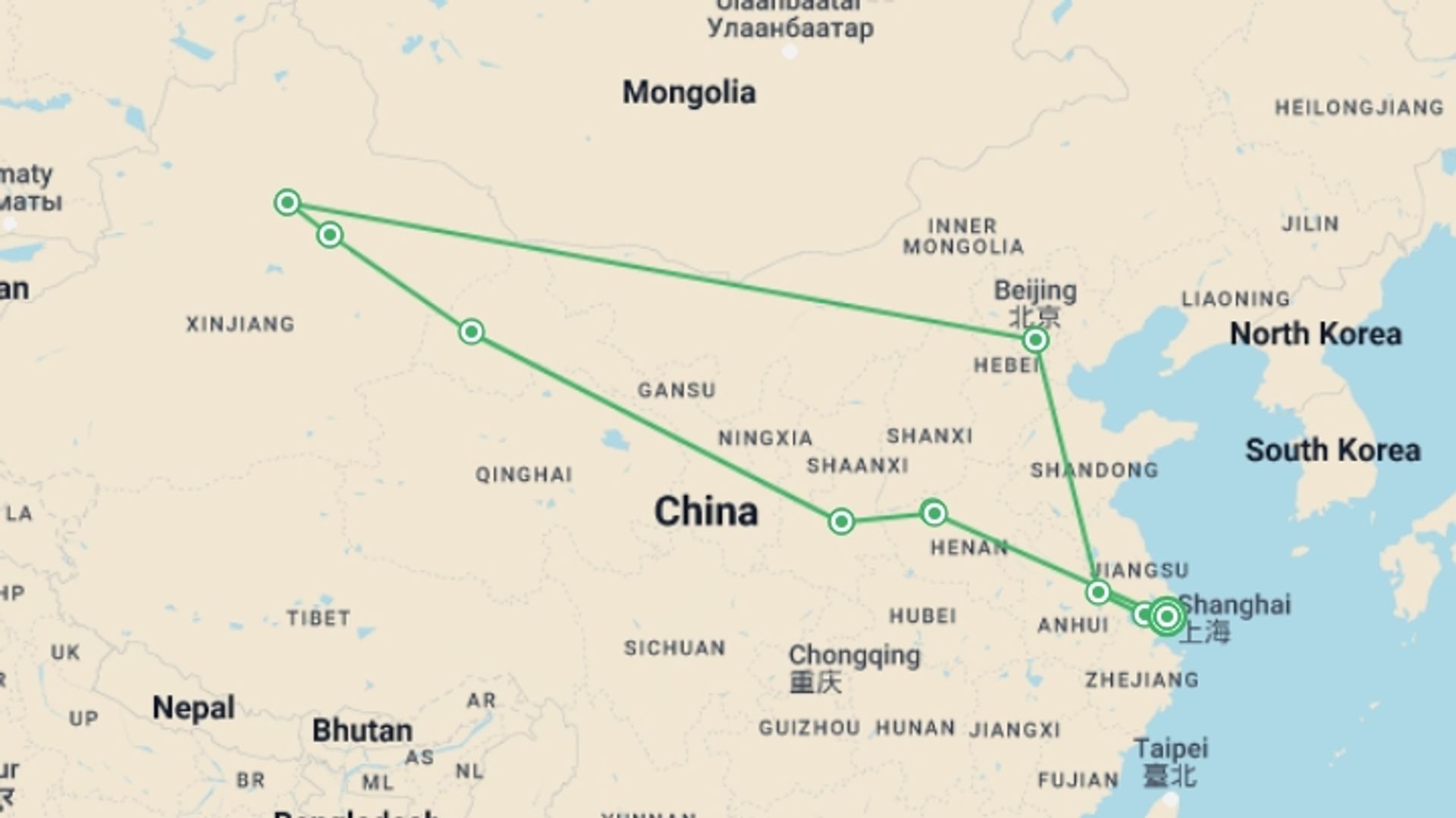A map showing the tour itinerary for the trip: Discover China and the Silk Road, starting in Shanghai, China and ending in Shanghai, China going through 7 other destinations.