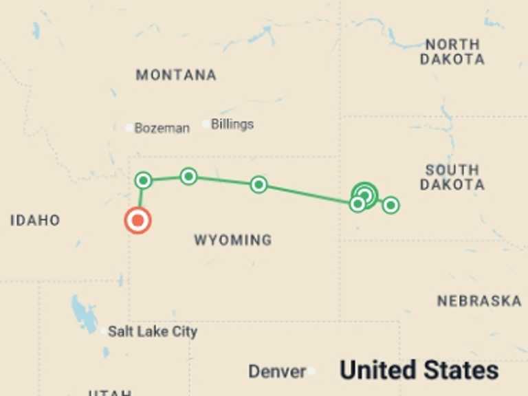 Map of a Local culture Tour with 5 destination visits for the trip: America's Cowboy Country 