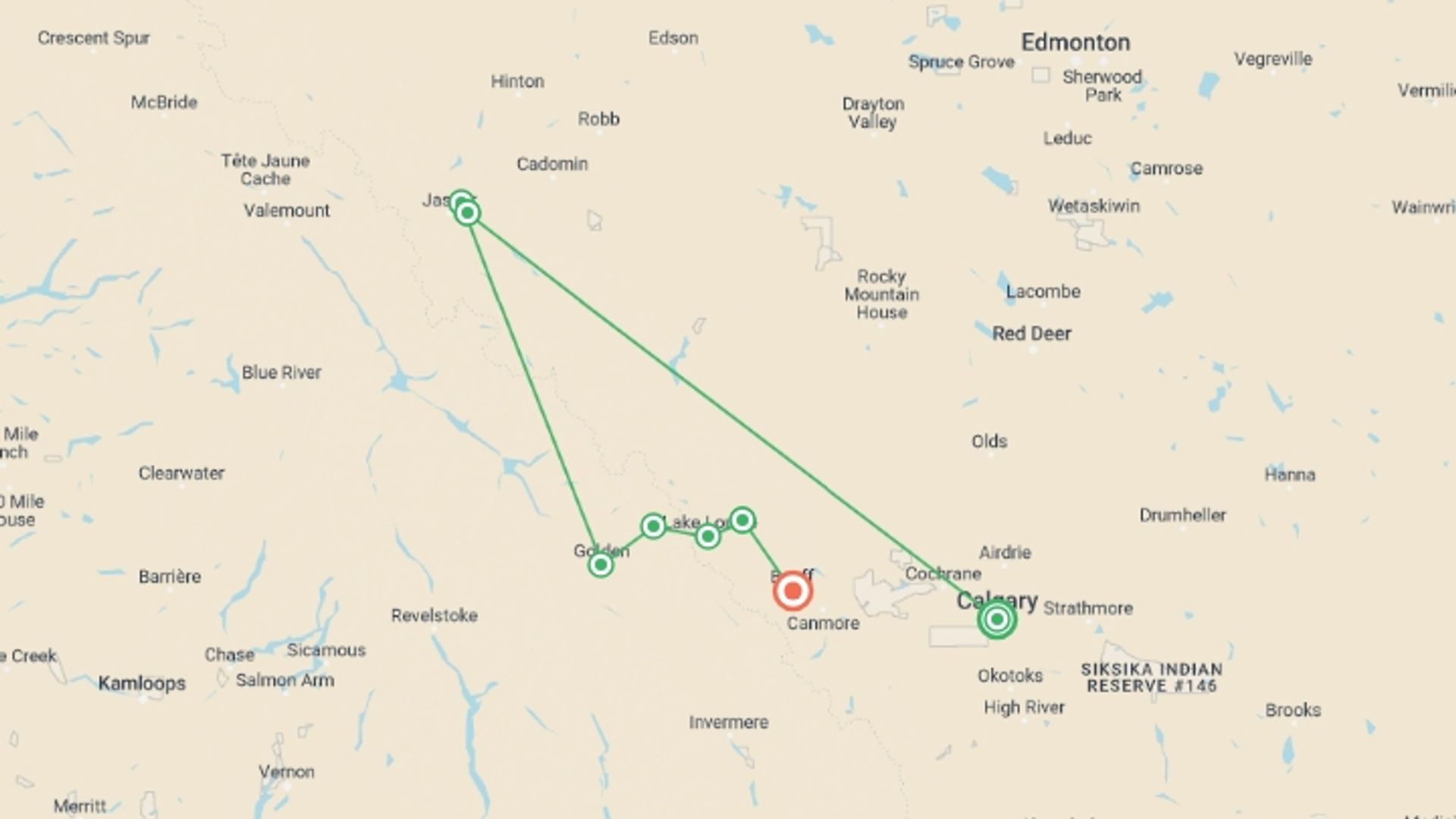 A map showing the tour itinerary for the trip: Discover the Canadian Rockies: Jasper to Banff, starting in Calgary, Canada and ending in Banff, Canada going through 7 other destinations.