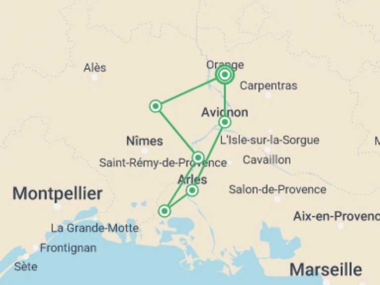 Map itinerary of Provence Tour in April 2026 with 7 destination visits for the trip: Highlights of Provence by Bike
