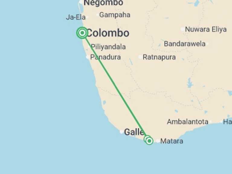 Map of South Asia Tour with 3 destination visits for the trip: Sri Lanka’s Southern Gems: Coast, Culture & Wildlife, Private Tour