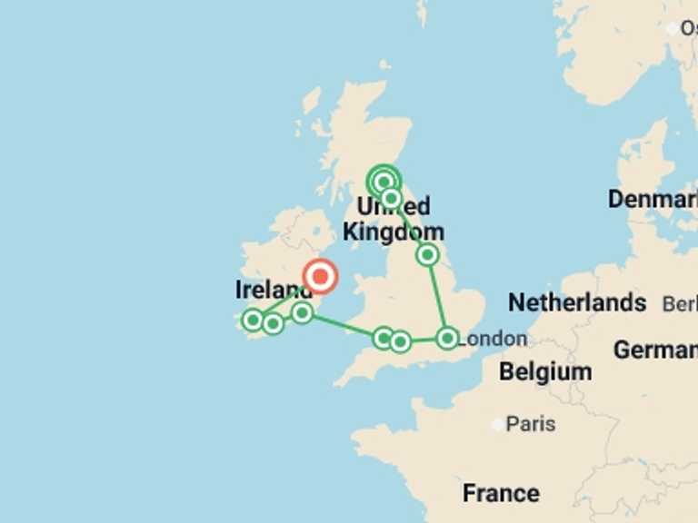 Map itinerary of Europe Tour in Summer with 8 destination visits for the trip: Exploring Britain and Ireland featuring England, Ireland, Scotland and Wales