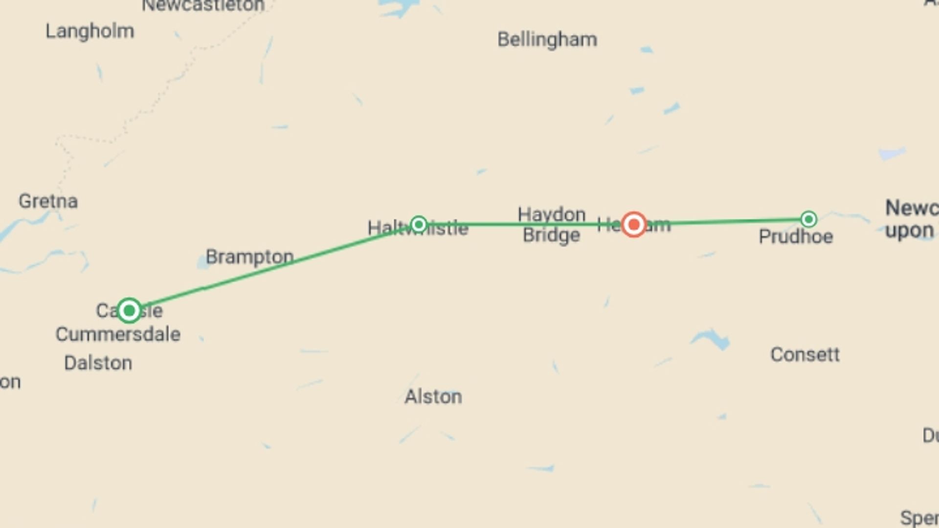 A map showing the tour itinerary for the trip: Walk Hadrian's Wall Highlights, starting in Carlisle, England and ending in Hexham, England going through 2 other destinations.