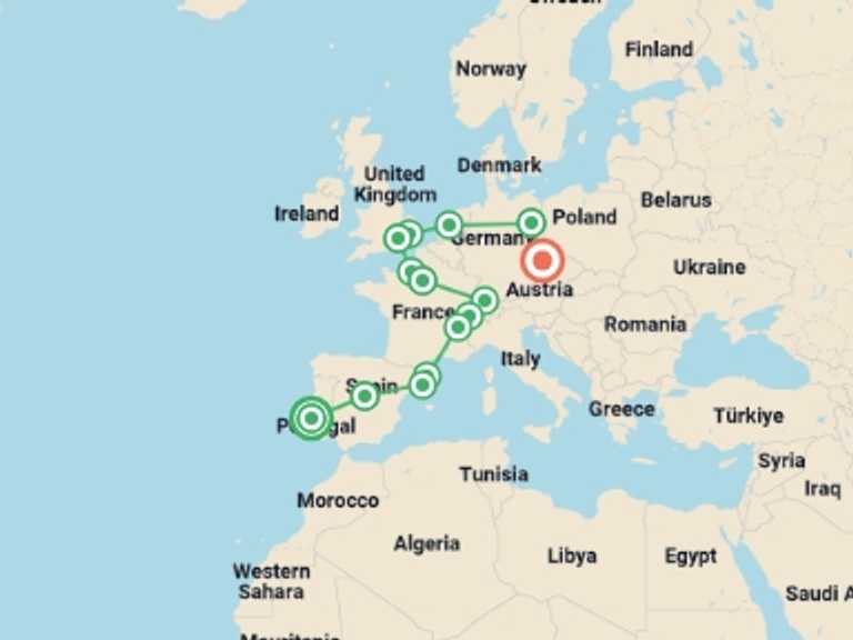 Map of Europe Tour with 14 destination visits for the trip: Complete Europe