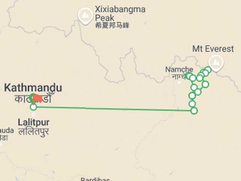 Map itinerary of Nepal Tour in Winter with 13 destination visits for the trip: Gokyo and Everest Base Camp