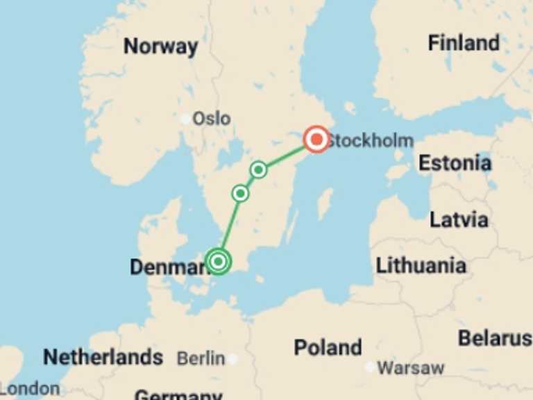 Map of Europe Tour with 2 destination visits for the trip: Jewels of Scandinavia