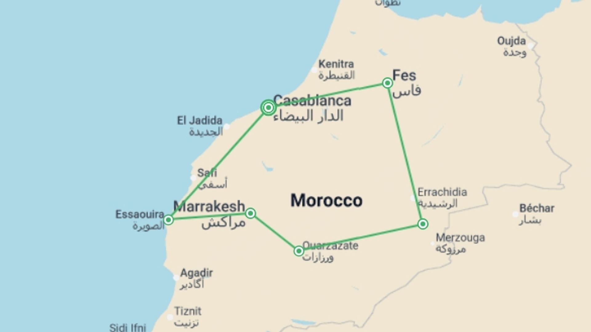 A map showing the tour itinerary for the trip: Treasures of Morocco, a Women-Only Tour, starting in Casablanca, Morocco and ending in Casablanca, Morocco going through 5 other destinations.