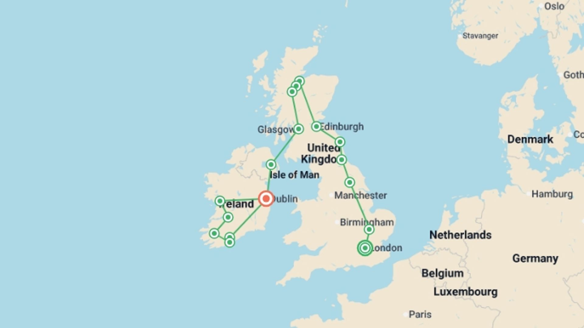 A map showing the tour itinerary for the trip: England, Scotland and Ireland end Dublin, starting in London, England and ending in Dublin, Ireland going through 6 other destinations.