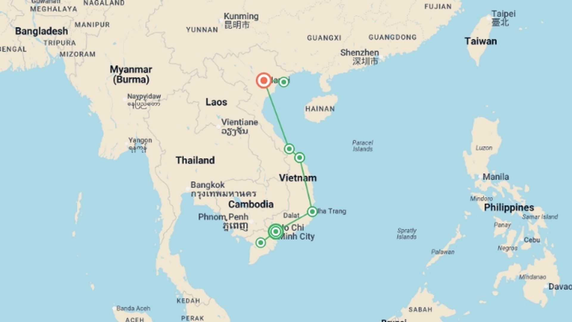 A map showing the tour itinerary for the trip: Classic Vietnam, starting in Ho Chi Minh City, Vietnam and ending in Hanoi, Vietnam going through 5 other destinations.