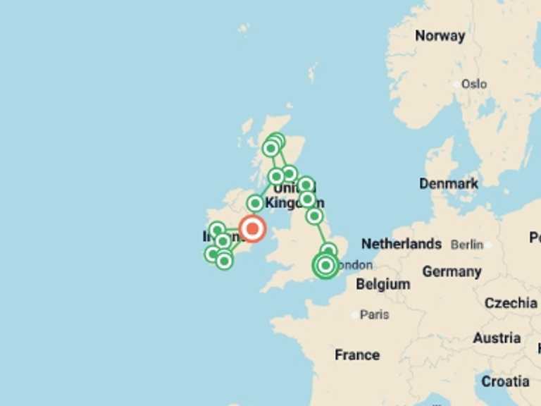 Map of Europe Tour with 8 destination visits for the trip: England, Scotland and Ireland end Dublin