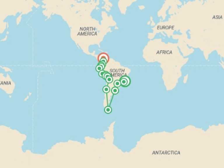 Map of Lima Local culture Tour with 19 destination visits for the trip: RIO TO CARTAGENA (18.5 WEEKS) KINGDOMS & CARNIVALS