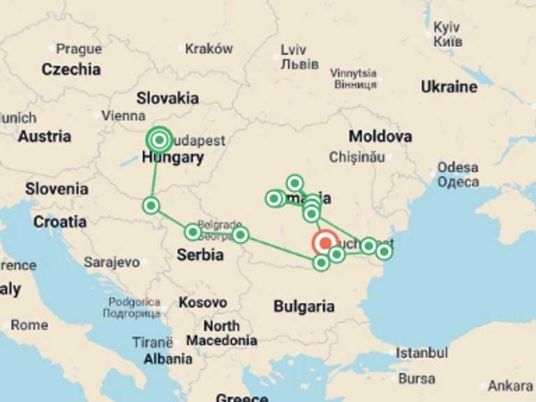 Map of Europe Tour with 10 destination visits for the trip: Along the river Danube, Budapest and the Balkan peninsula (port-to-port cruise)