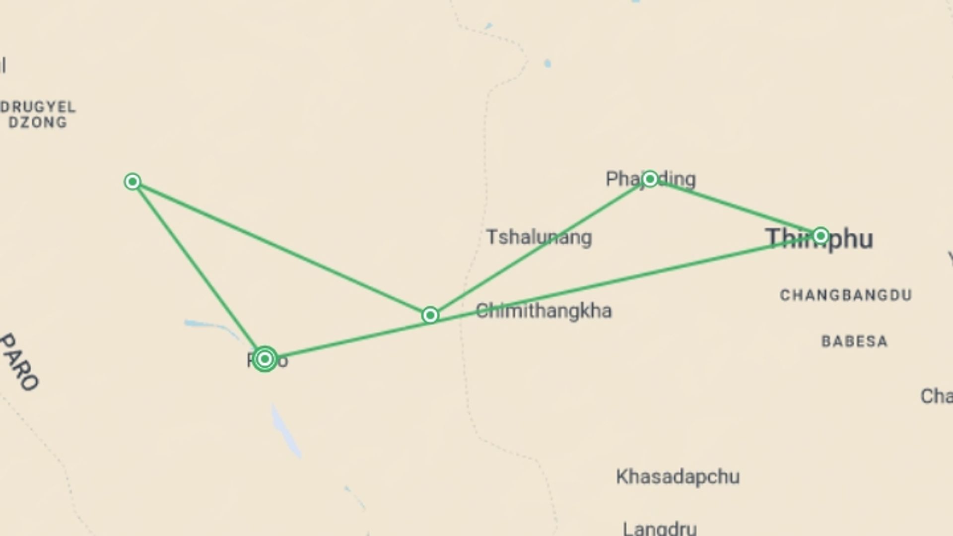 A map showing the tour itinerary for the trip: Bhutan Thimphu Festival & Trek, starting in Paro, Bhutan and ending in Paro, Bhutan going through 4 other destinations.