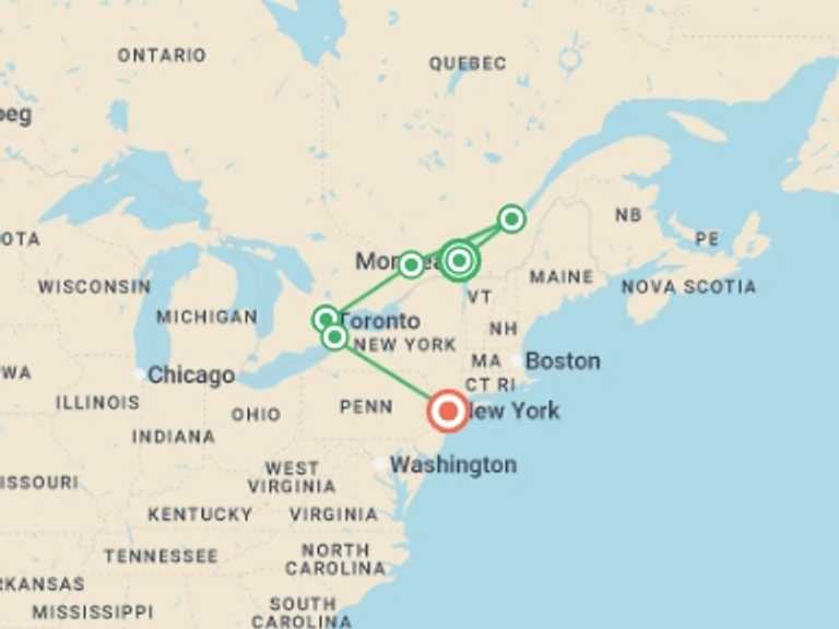 Map of North America Tour with 6 destination visits for the trip: Canada, Niagara and New York