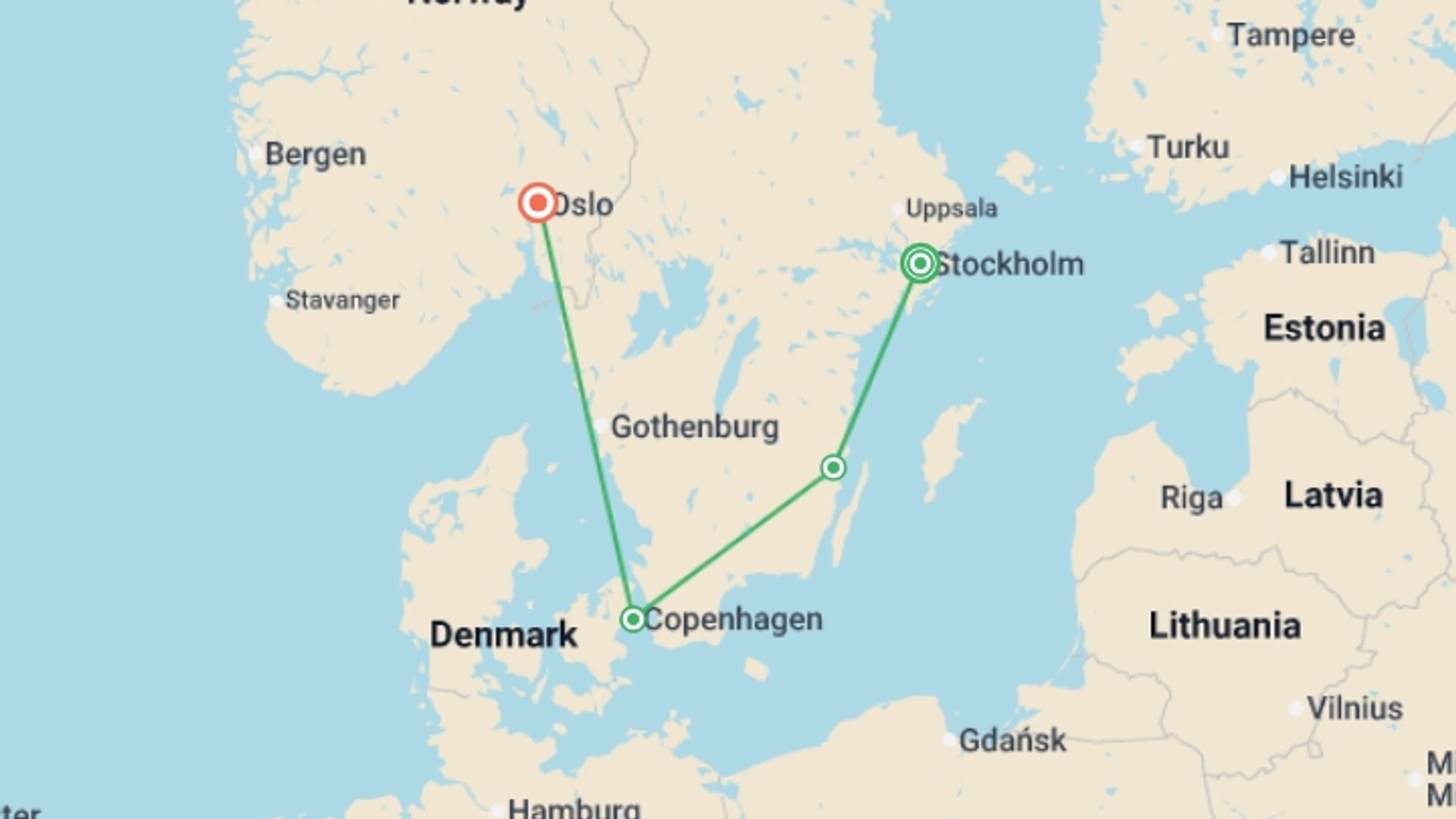 A map showing the tour itinerary for the trip: Legends of the Scandinavian Capitals, starting in Stockholm, Sweden and ending in Oslo, Norway going through 2 other destinations.
