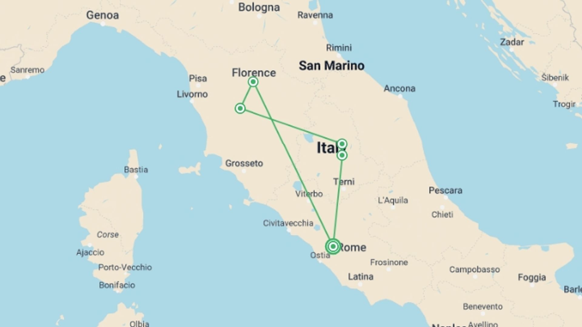 A map showing the tour itinerary for the trip: Country Roads of Tuscany & Central Italy, starting in Rome, Italy and ending in Rome, Italy going through 1 other destinations.