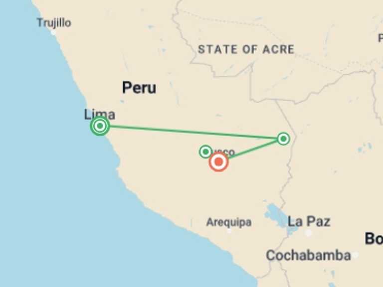 Map itinerary of Lima Tour in July 2027 with 6 destination visits for the trip: Peru Family Holiday